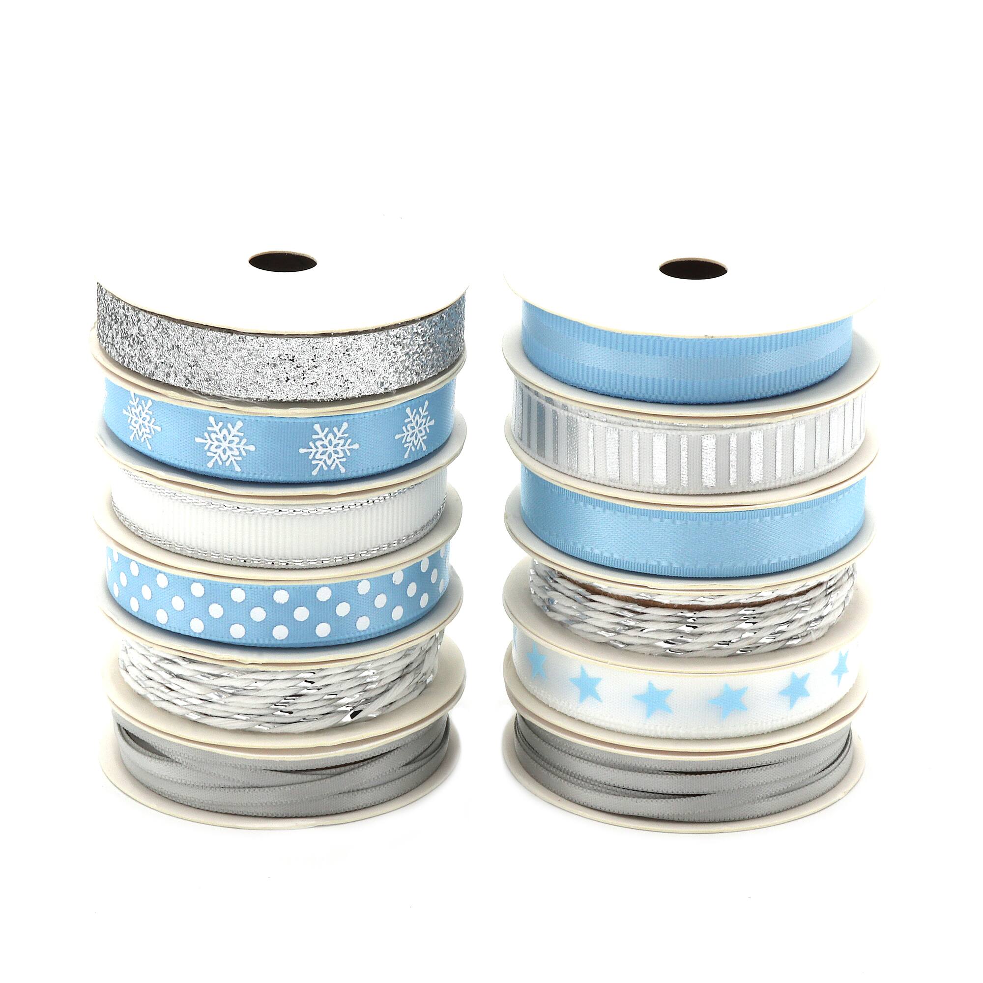 Gwen Studios 3/8" x 2yd. Silver & Blue Holiday Ribbon Pack, 24ct.